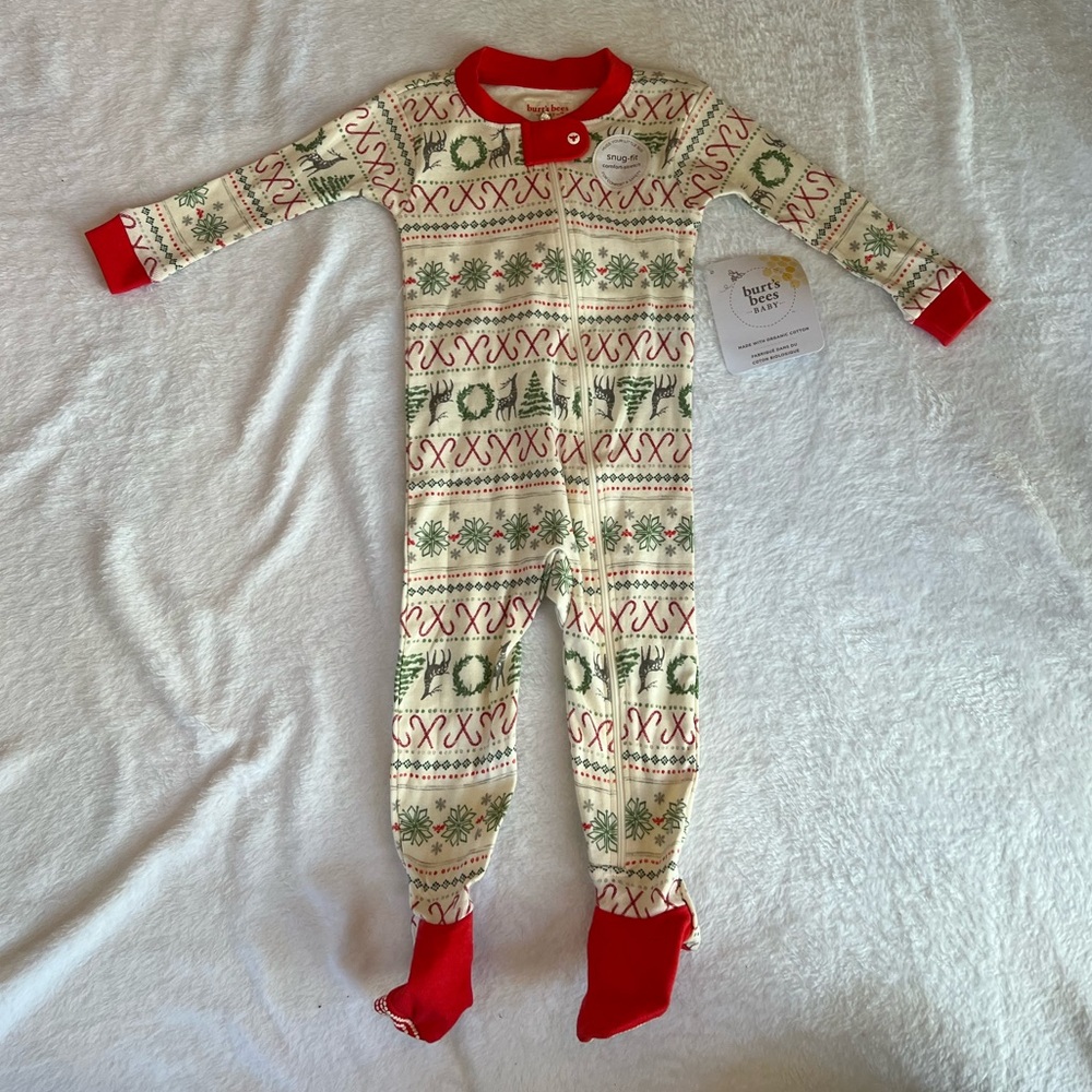 Burt’s Bees baby Christmas pj pajamas footie zipper Fair Isle Deer 6-9 month new